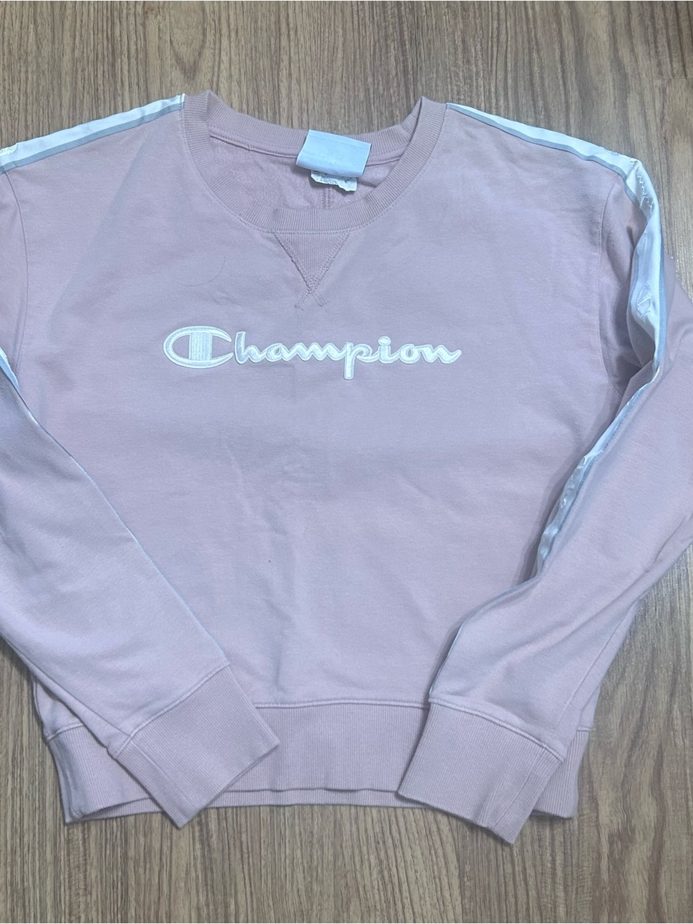 Champion Women's Dusty Pink Crewneck with White Logo & Shoulder Stripes